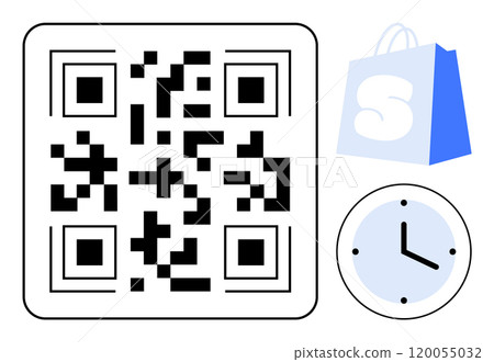 QR code in black and white, blue shopping bag with a white S, and round clock with a light blue face and black hands. Ideal for e-commerce, time management, modern shopping, digital transactions 120055032