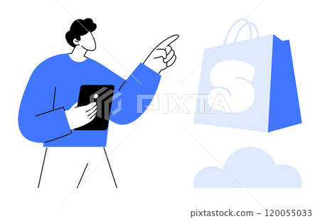 Man holding tablet, pointing at floating shopping bag with cloud background. Ideal for online shopping, e-commerce, cloud technology, digital marketing, and retail. Minimalist design 120055033