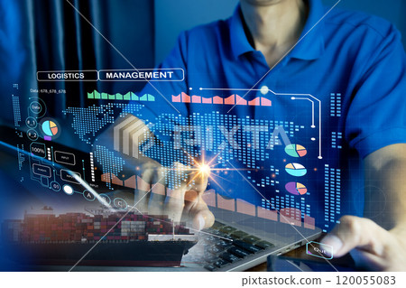 Supply Chain Management concept transportation and logistic suppliers, import export and transport industry. network distribution growth. container cargo ship and trucks of industrial cargo freight 120055083