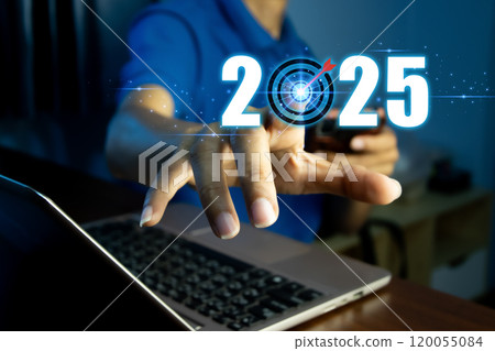 Positive indicators in 2025 Businessman touching target icon on virtual screen with year 2025 Business start 2025 Merry Christmas and Happy New Year concept. New Year 2025 ideas and inspiration. 120055084