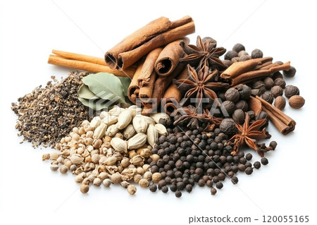 A colorful assortment of dried spices arranged on a white background showcasing their unique shapes 120055165