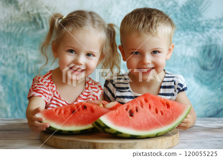 Two smiling children enjoying fresh watermelon slices at home during a sunny afternoon. Generative 120055225