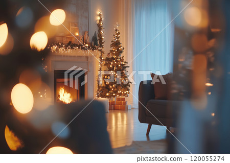 Cozy living room decorated with a Christmas tree and a warm fireplace during the festive holiday 120055274