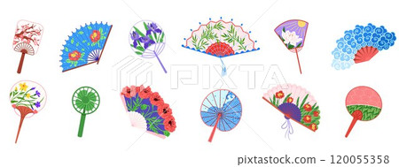 Multiple decorative hand fans with different floral and artistic patterns arranged in rows. Ideal for fashion, culture, decoration, seasonal themes, and art. Bright and cultural style 120055358