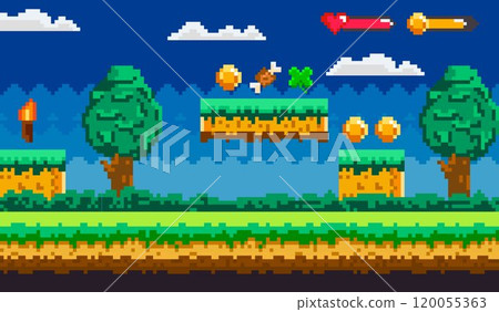 Pixelated video game scene with trees, floating platforms, coins, a torch, and a heart and sword indicator. Ideal for nature themes, adventure, retro gaming, pixel art, and video game design. Classic Pixelated video game scene with trees, floating platforms, coins, a torch, and a heart and sword indicator. Ideal for nature themes, adventure, retro gaming, pixel art, and video game design. Classic 120055363