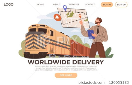 Logistics worldwide, international shipment and delivery of loads and orders. People work with transportation of goods around world. Delivery of parcels all over planet. Logistics website template 120055383