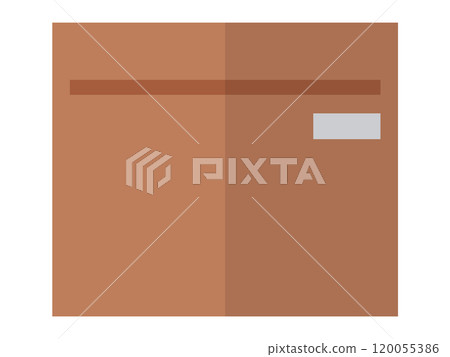 A brown cardboard box characterized by a sealing tape strip and a small shipping label. Ideal for packaging, shipping, logistics, delivery services, and e-commerce business. Simple and clean style 120055386