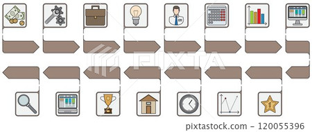 A sequence of business-related icons aligned with arrows, illustrating workflows like financial management, analysis, planning, and performance. Ideal for corporate, business processes, finance A sequence of business-related icons aligned with arrows, illustrating workflows like financial management, analysis, planning, and performance. Ideal for corporate, business processes, finance 120055396