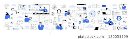 Virtual collaboration, video conferencing, remote project management. Team members collaborate projects presentation screens. Business marketing strategies, team management, project planning, and data 120055399