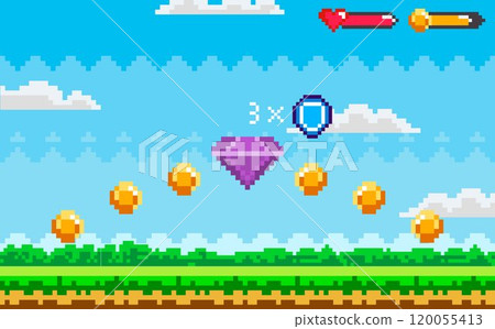 Scenic video game level in pixel art style with a purple gem and gold coins floating in the sky. Heart and sword icons in top right corner denote player status. Ideal for gaming, nostalgia, retro 120055413