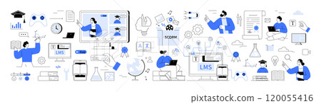 Online courses, virtual classroom, e-learning platforms. Online education people using computers, tablets educational tools. Online classes, e-learning platforms, remote education, digital classrooms 120055416