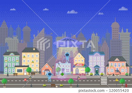 Alien spacecraft hovers above a city street with colourful houses and a vibrant urban skyline as background. People look at the event with amazement. Ideal for sci-fi, urban life, fantasy, childrens Alien spacecraft hovers above a city street with colourful houses and a vibrant urban skyline as background. People look at the event with amazement. Ideal for sci-fi, urban life, fantasy, childrens 120055420