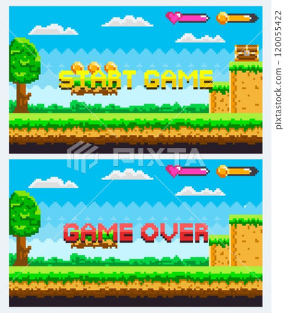 Start game and game over screens are shown on a pixelated video game interface. Both screens include a tree, heart, coin, and sword indicators, with a background of clouds and sky. Ideal for retro Start game and game over screens are shown on a pixelated video game interface. Both screens include a tree, heart, coin, and sword indicators, with a background of clouds and sky. Ideal for retro 120055422