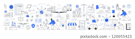 Smart contracts, decentralized finance, cryptocurrency. Business activities graphs, charts, buildings and laptops. Economic, financial, corporate growth, market analysis and technology presentations 120055423