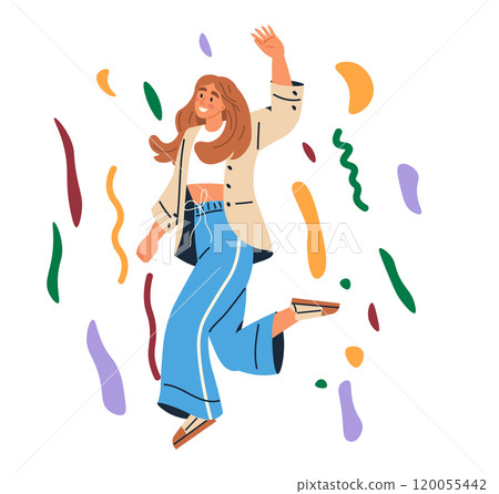 Celebration concept. Woman joyfully dancing surrounded by colorful streamers. Ideal for party themes, festive events, joyful occasions, personal milestones, holiday celebrations. Illustrative Celebration concept. Woman joyfully dancing surrounded by colorful streamers. Ideal for party themes, festive events, joyful occasions, personal milestones, holiday celebrations. Illustrative 120055442