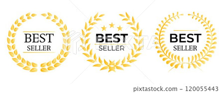 Three golden laurel wreath designs with the words Best Seller in the center Ideal for product promotions, awards, certifications, achievement recognitions, and marketing materials Simple modern design Three golden laurel wreath designs with the words Best Seller in the center Ideal for product promotions, awards, certifications, achievement recognitions, and marketing materials Simple modern design 120055443