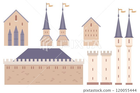 Various elements of medieval architecture including tall towers, crenelated walls, spires, and stone buildings. Ideal for history, architecture, education, fantasy, storytelling. Flat design style 120055444