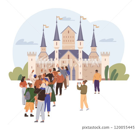 People standing in line to enter a large medieval castle with towers and flags. Ideal for travel content, historical themes, family outings, tourism guides, and educational materials. Flat design 120055445