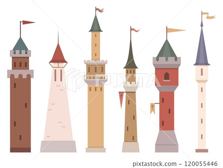 Six differently styled tall towers with various flags. Ideal for medieval themes fairytales architecture historical education and childrens stories. Clean and minimalist style suitable for 120055446