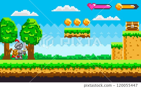 Includes pixel art style with a knight character ready to collect floating coins amid trees, grass platforms, and a treasure chest. Ideal for retro games, fantasy themes, pixel art, adventure games 120055447