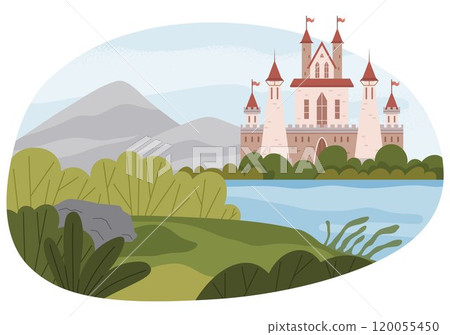 A majestic castle with tall towers and red rooftops stands by a tranquil lake, surrounded by lush greenery and distant mountains. Ideal for fairy tales, fantasy stories, childrens books, magical 120055450