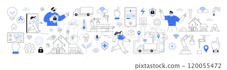Smart home, wearable technology, industrial IoT. People interacting with smart devices, automated home systems, robotics and data analytics. Automation innovation internet of things, and data security 120055472