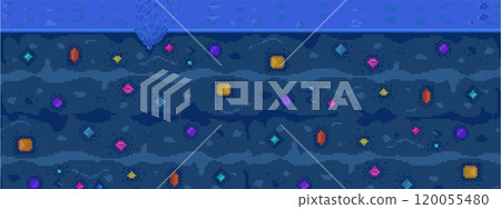 A vibrant underwater scene with colorful gems and marine life in shades of blue. Ideal for marine themes, treasure hunting, underwater exploration, ocean life, and adventurous journeys. Pixel art 120055480