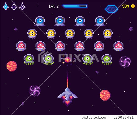 Spaceship attacking rows of alien invaders in a pixel art style. Retro gaming vibe with colorful planets and stars. Ideal for classic arcade, space adventure, retro gaming, nostalgic fun, sci-fi 120055481