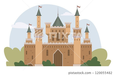 A large medieval-style castle with multiple towers topped with flags, surrounded by green foliage and a serene sky backdrop. Ideal for fairy tales, history, architecture, children s stories, fantasy 120055482