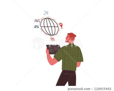 Buyer chooses method of delivery of goods. Mobile shopping, distance sales. Man selecting purchase in virtual mobile phone application. Shopping in online store, manager selects product on site 120055483