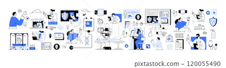 Telemedicine e-health medical technology. Technology in healthcare with professionals using medical equipment. Medical practices technology healthcare innovation medical professionals research labs 120055490