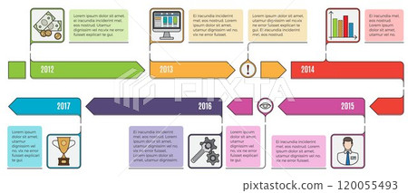 Detailed visual representation of a timeline from 2012 to 2017 using various icons and color-coded segments. Ideal for project planning history educational presentations goal setting and workflow 120055493