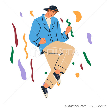Celebration concept. A man wearing a blue jacket and cap dances joyfully, surrounded by colorful confetti and abstract shapes. Ideal for festivities, parties, joy, entertainment, and youth culture Celebration concept. A man wearing a blue jacket and cap dances joyfully, surrounded by colorful confetti and abstract shapes. Ideal for festivities, parties, joy, entertainment, and youth culture 120055494