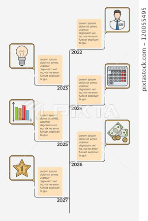 Timeline with six milestones representing annual business achievements from 2022 to 2027. Light bulb, person, bar graph, calculator, money, and star icons signify milestones. Ideal for business 120055495