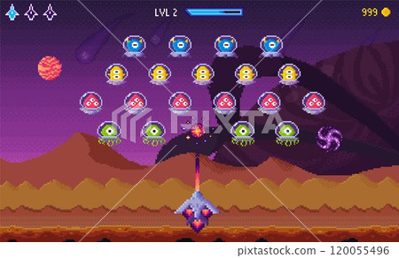 Colorful spaceships fight alien enemies against an outer space background. Ideal for arcade gaming themes, sci-fi enthusiasts, action-packed adventures, retro pixel art, and space exploration 120055496