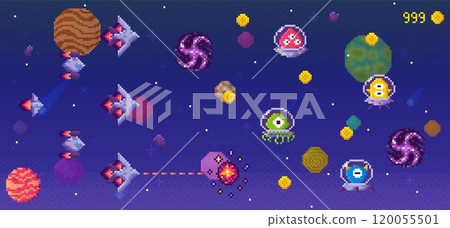 A pixel art space battle scene featuring UFOs, planets, spaceships, and explosions. Ideal for retro video games, sci-fi themes, digital art lovers, educational posters about space, and nostalgic 120055501