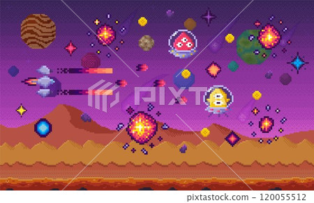 Pixel art style image shows a spaceship surrounded by two alien creatures. Points and power-ups are visible. Used for gaming, pixel art, space adventures, scoring, and retro themes 120055512