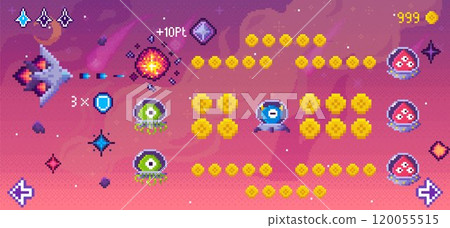 A spaceship firing at alien creatures with pixel graphics. Alien and coin sprites fill a vibrant setting with cosmic objects and score indicators. Ideal for retro games, alien invasion, space 120055515