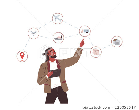 Buyer chooses method of delivery of goods. Mobile shopping, distance sales. Man selecting purchase in virtual mobile phone application. Shopping in online store, manager selects product on site 120055517