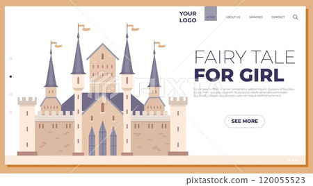 Grand castle with spires and flags set against a light background. Ideal for childrens stories, fantasy themes, girls fairy tales, website designs, and magical adventures. Soft, pastel vector 120055523