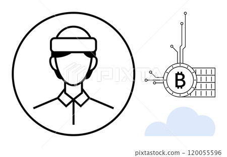 A virtual reality user in a circle next to a Bitcoin symbol with interconnected lines, representing technology and finance. Ideal for discussions on blockchain, virtual reality, innovation, fintech 120055596