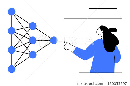 A person pointing to a neural network diagram. Ideal for educational material, AI presentations, data science courses, tech blogs, and machine learning tutorials. Minimalist and modern style A person pointing to a neural network diagram. Ideal for educational material, AI presentations, data science courses, tech blogs, and machine learning tutorials. Minimalist and modern style 120055597