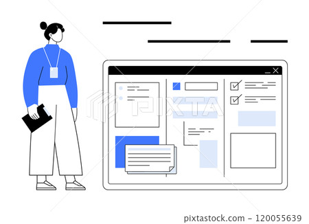 Woman stands with a tablet near a large screen displaying data charts. Ideal for technology, business presentations, data analysis, digital tools, modern workplace. Clean, minimalist, contemporary Woman stands with a tablet near a large screen displaying data charts. Ideal for technology, business presentations, data analysis, digital tools, modern workplace. Clean, minimalist, contemporary 120055639