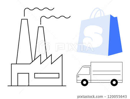 Outline of a factory with chimneys, a blue shopping bag with an S, and a delivery truck. Ideal for industrial production, e-commerce, logistics, supply chain management, and retail business. Simple 120055643