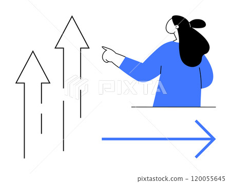 Person with long hair and blue sleeve pointing towards upward and right-pointing arrows. Ideal for growth, progress, direction, leadership, and business. Simple abstract style 120055645