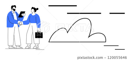 Two business people shaking hands with, one of them holding a tablet, next to a cloud symbol and horizontal lines. Ideal for depicting concepts of partnership, agreement, cloud technology 120055646