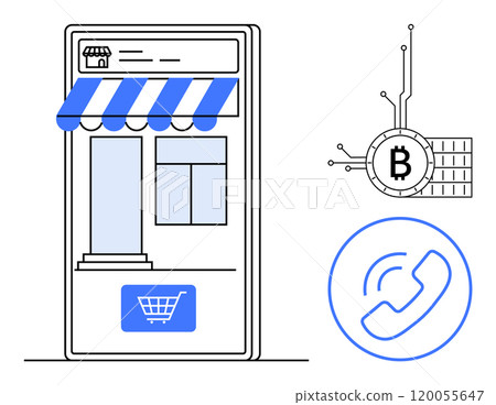 Smartphone display with storefront awning, shopping cart icon, cryptocurrency symbol, and phone icon. Ideal for online shopping, e-commerce, cryptocurrency, digital transactions, and communication 120055647