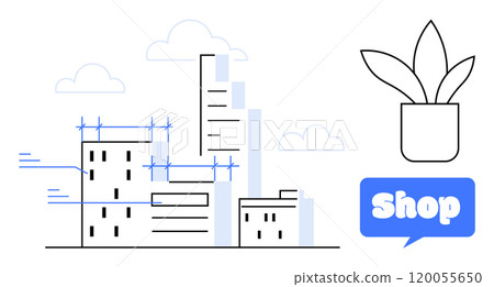 Simple cityscape with buildings, blue grid lines, floating clouds and a potted plant icon. Blue shop sign. Ideal for online shopping, gardening, city life, technology, and landscape. Minimalist 120055650