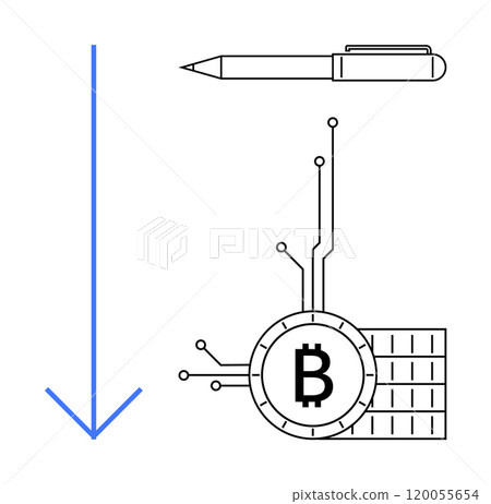 A pen, a downward blue arrow, and a Bitcoin symbol interconnected with digital circuits. Ideal for cryptocurrency, financial strategy, blockchain technology, futuristic finance, investment planning 120055654