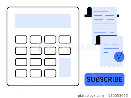 Calculator with paper receipts and a blue subscribe button. Ideal for finance, accounting, budgeting, subscriptions, and business management themes. Simple, clean, modern style 120055655